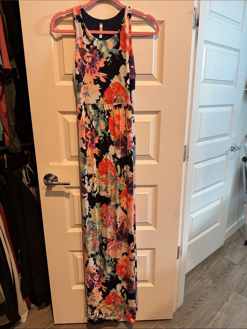 Beeson River Navy Floral Maxi Dress with Coral and Teal Accents with pockets!
